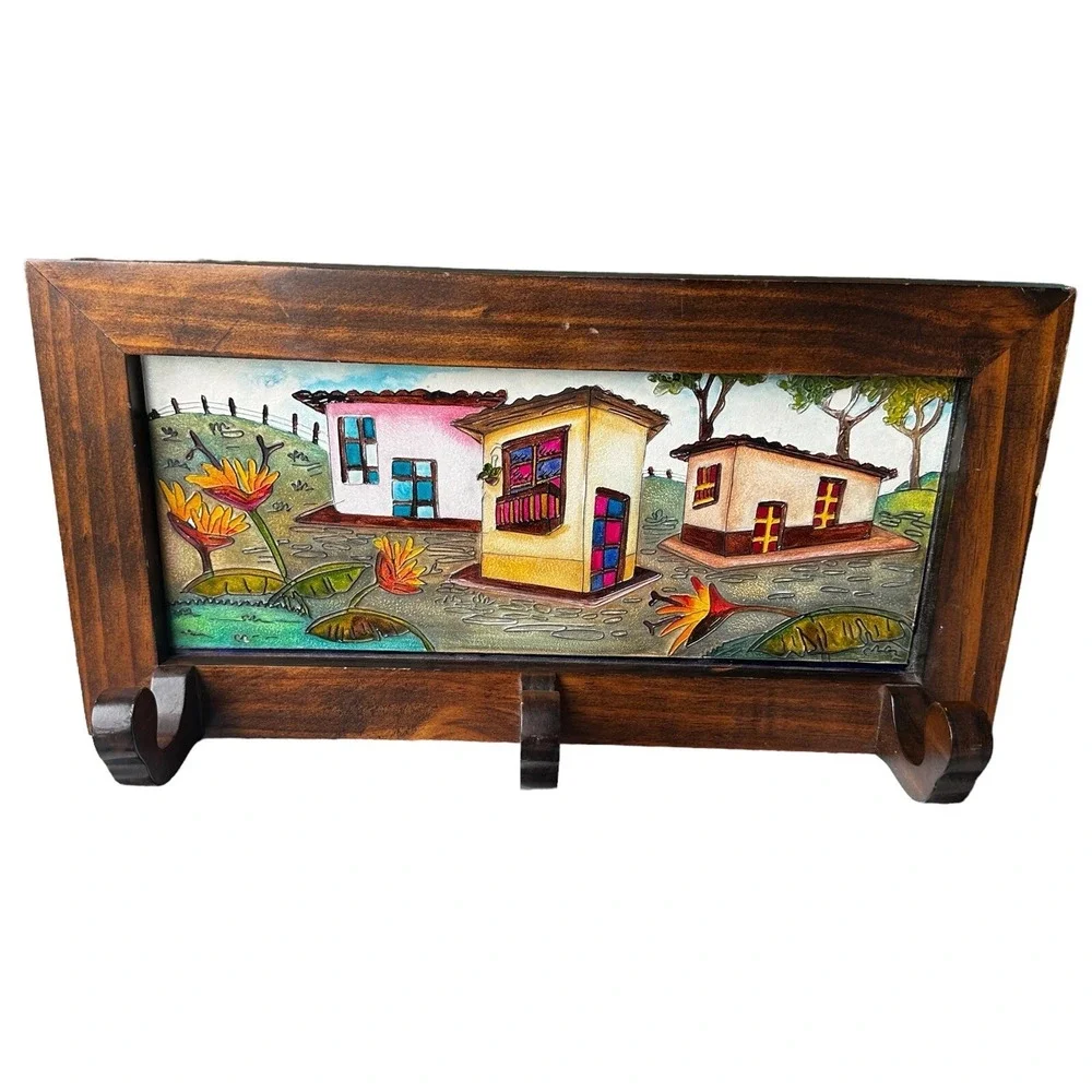 Mexican Coat Hook Wall Hanging 19x10 Inch Folk Art Painting‎ Wood Village Homes